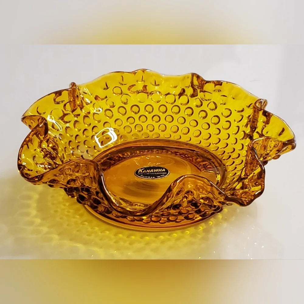 Vntg Handcrafted Kanawha Hobnail Amber Ruffled Bowl EUC - Picture 10 of 10